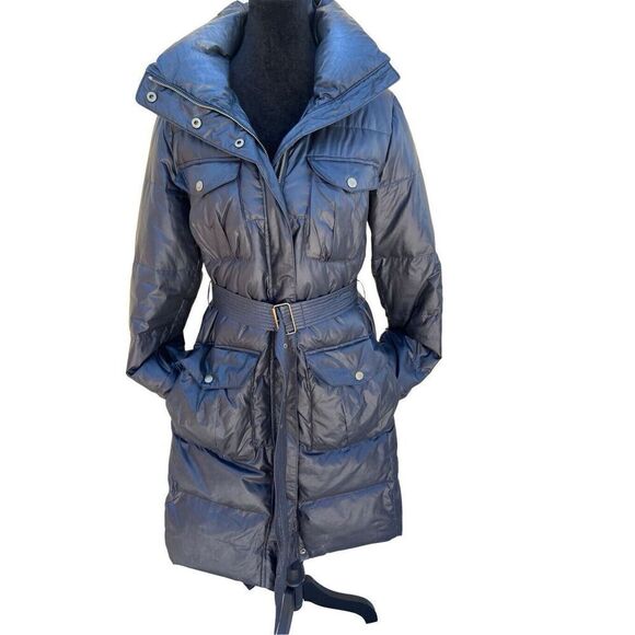 Theory Long Maxi Quilted Down Puffer Black Coat With Belt Women’s Size M - Picture 1 of 14